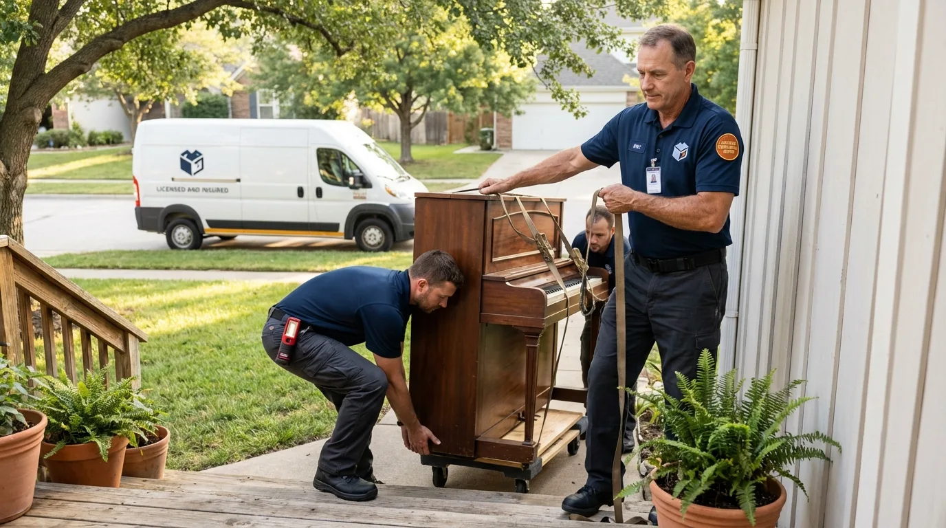 Licensed piano movers securing grand piano in Severna Park, MD